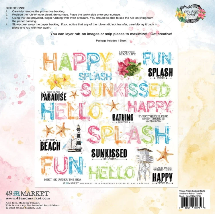 Rub-on transfer 30x30cm Vintage Artistry Sunburst Sentiments 1 arkusz SUN24746 49 and Market