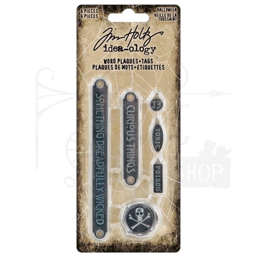 Ozdoby metalowe plakietki Idea-Ology Word Plaques &amp; Tags Halloween 6szt TH94341 Tim Holtz