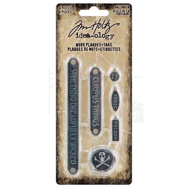 Ozdoby metalowe plakietki Idea-Ology Word Plaques &amp; Tags Halloween 6szt TH94341 Tim Holtz