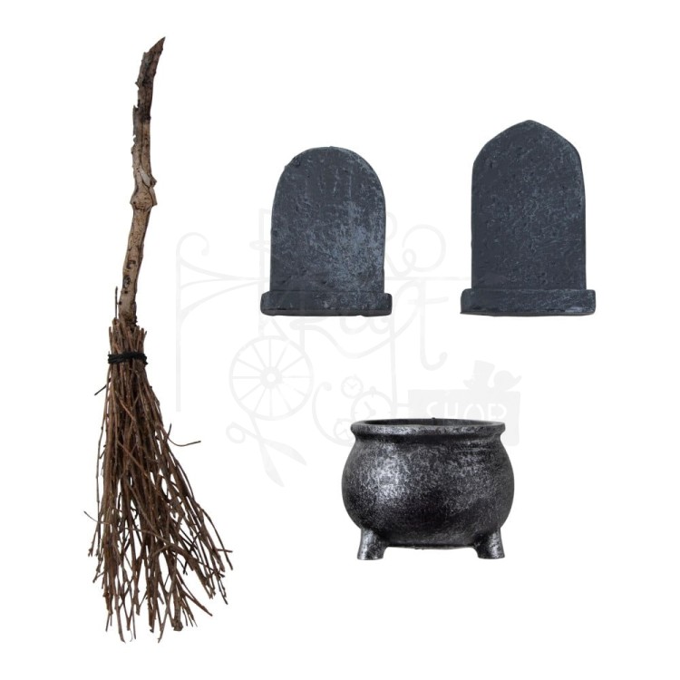 Ozdoby żywiczne nagrobki kociołek i miotła Idea-Ology Graveyard 4szt TH94337 Tim Holtz