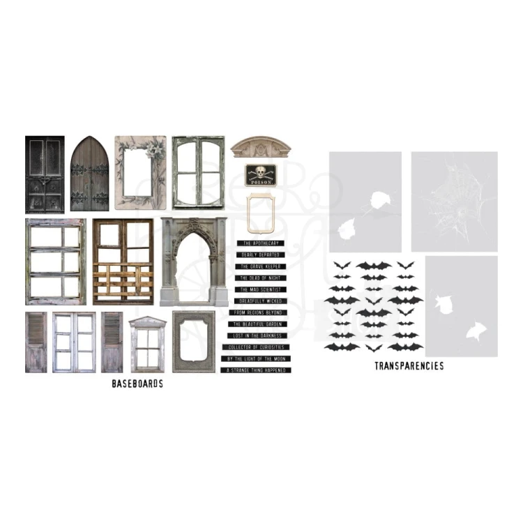 Ozdoby tekturowe i foliowe Idea-Ology Baseboards &amp; Transparencies Halloween 54szt TH94334 Tim Holtz