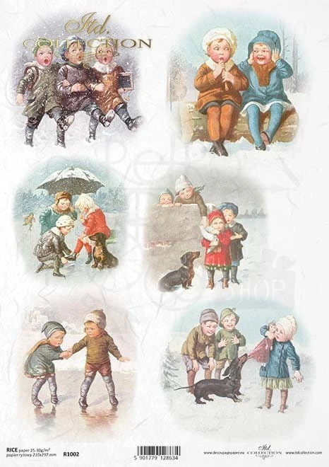 Papier ryżowy A4 Vintage dzieci na śniegu R1002 ITD Collection