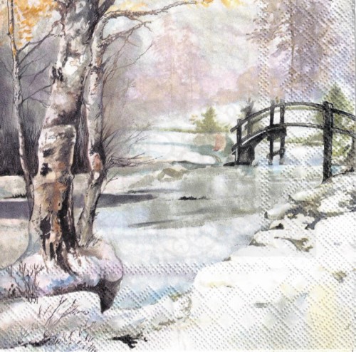 Serwetka 33x33 - Zimowy krajobraz z mostem