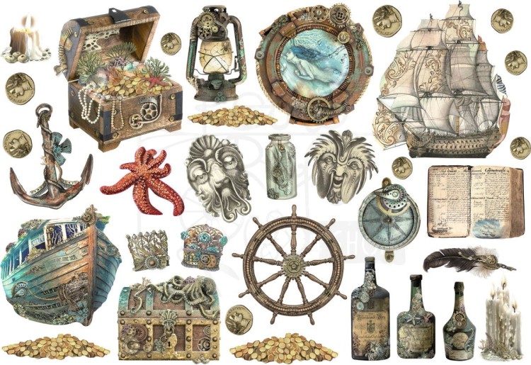 Ozdoby papierowe samoprzylepne Ephemera Songs of the Sea Żaglowiec i elementy marynistyczne DFLCT30 Stamperia