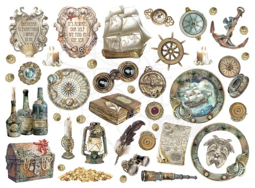 Ozdoby kształty tekturowe Die Cuts Songs of the Sea Żaglowiec i skarby DFLDC85 Stamperia
