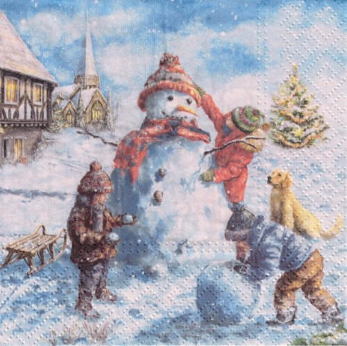 Serwetka 33x33 - Dzieci i bałwanek
