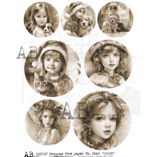 Papier ryżowy A4 Portrety dziewczynek sepia medaliony ID-2169 ABstudio