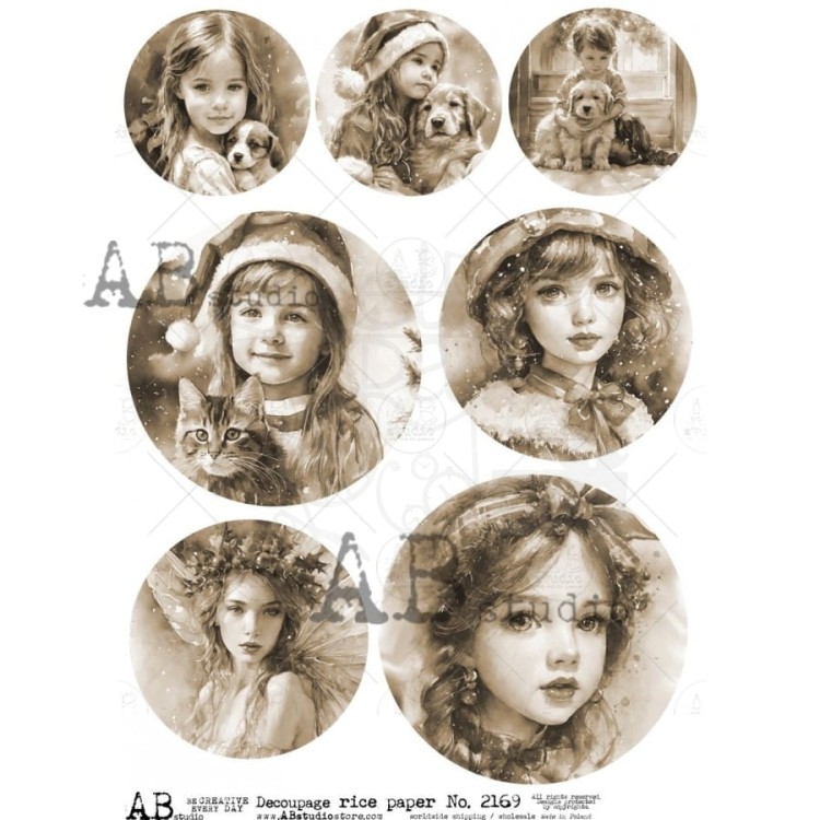 Papier ryżowy A4 Portrety dziewczynek sepia medaliony ID-2169 ABstudio