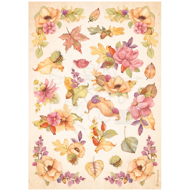 Papier ryżowy A4 Woodland Kwiaty i liście DFSA4816 Stamperia
