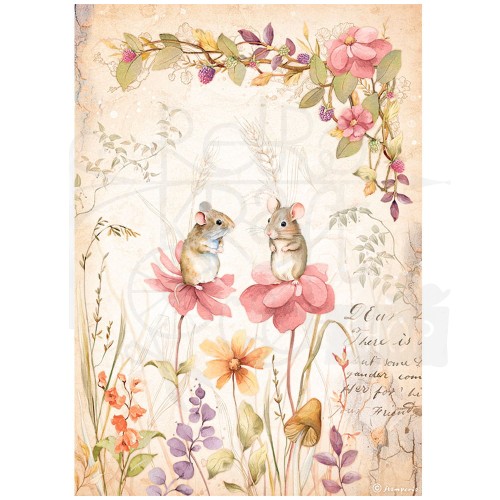 Papier ryżowy A4 Woodland Kwiaty i myszki DFSA4815 Stamperia