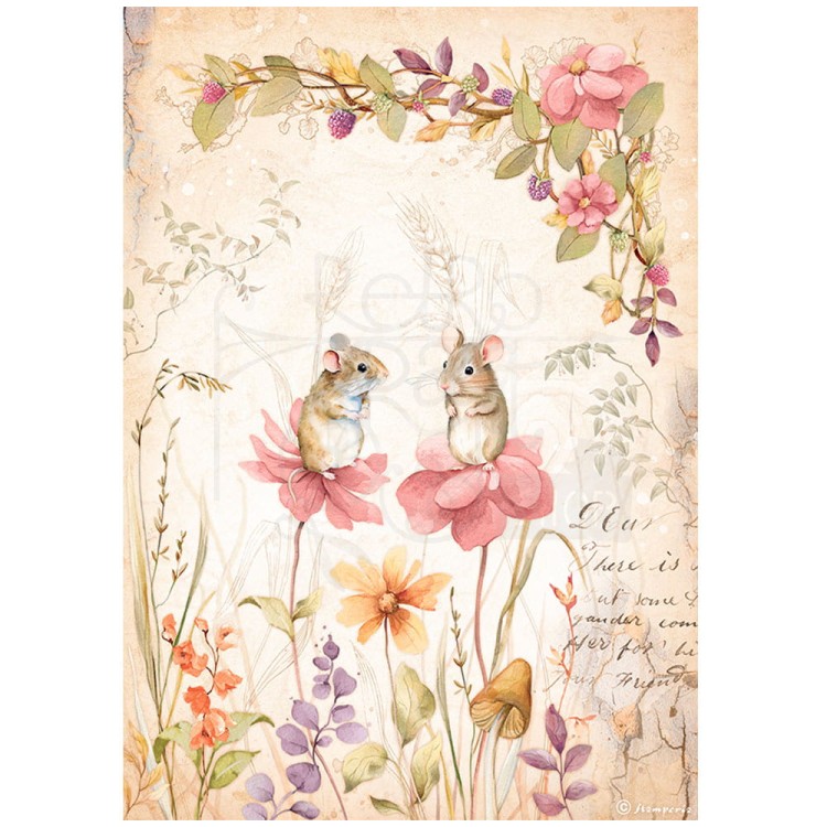 Papier ryżowy A4 Woodland Kwiaty i myszki DFSA4815 Stamperia
