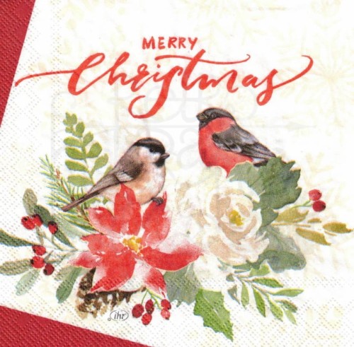 Serwetka 25x25 - Ptaki w kwiatach Merry Christmas