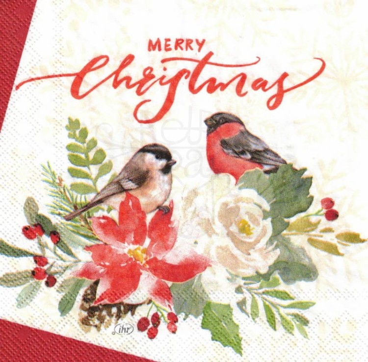 Serwetka 25x25 - Ptaki w kwiatach Merry Christmas