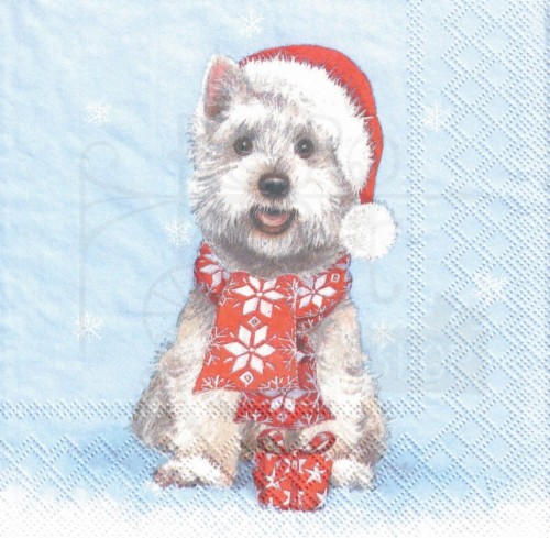 Serwetka 33x33 - Pies White terrier w czapce i szaliku