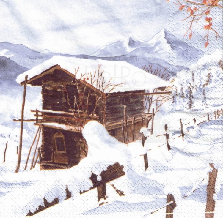 Serwetka 33x33 - Zimowy domek pod śniegiem w górach