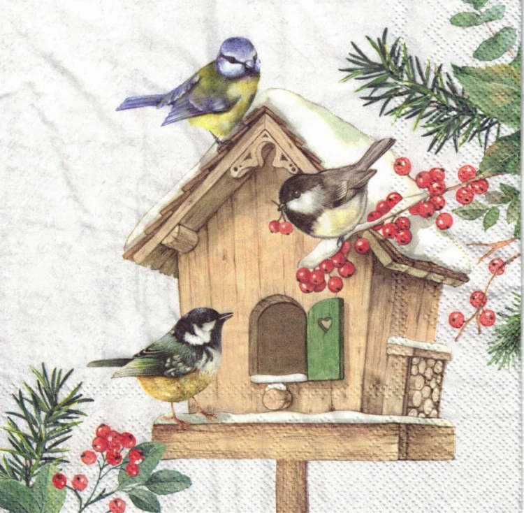 Serwetka 33x33 - Ptaszki i domek dla ptaków