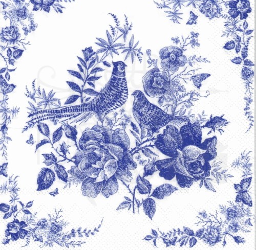 Serwetka 33x33 - Niebieskie bażanty i kwiaty