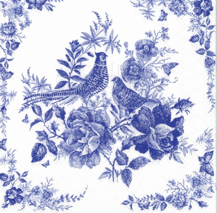 Serwetka 33x33 - Niebieskie bażanty i kwiaty
