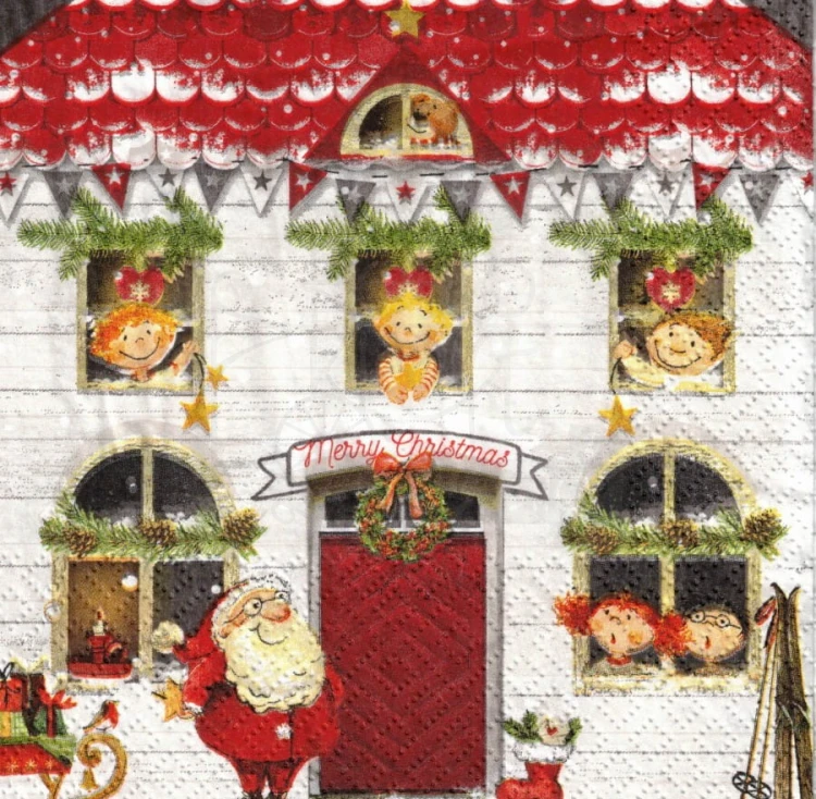 Serwetka 33x33 - Domek z dziećmi i Świętym Mikołajem