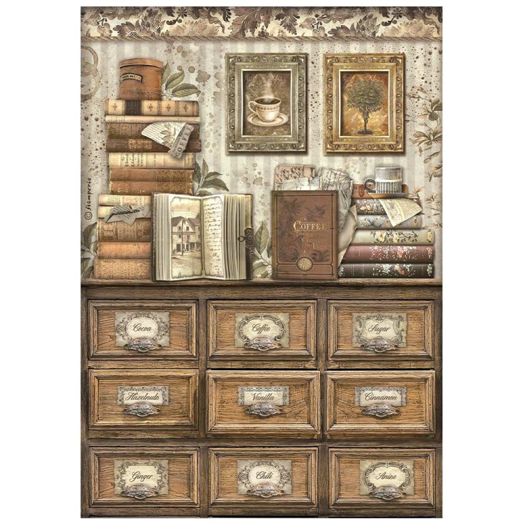 Papier ryżowy A4 Coffe &amp; Chocolate Biblioteczka DFSA4824 Stamperia