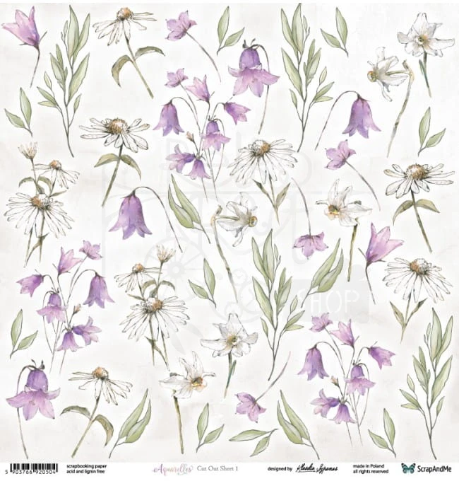 Papier do scrapbookingu 30x30 elementy do wycięcia Aquarelles - Flowers 1 ScrapAndMe