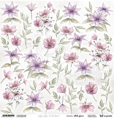 Papier do scrapbookingu 30x30 elementy do wycięcia Aquarelles - Flowers 2 ScrapAndMe