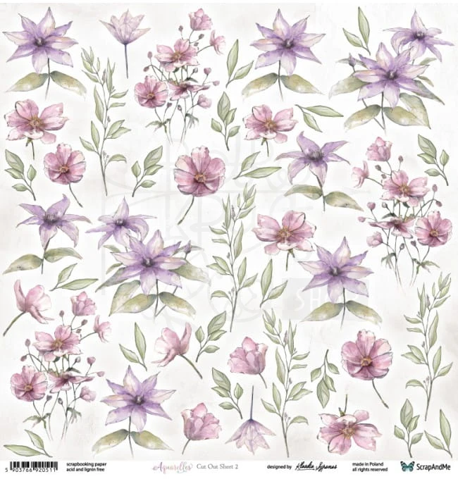 Papier do scrapbookingu 30x30 elementy do wycięcia Aquarelles - Flowers 2 ScrapAndMe