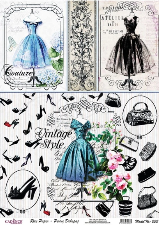 Papier ryżowy A4 suknie torebki buty retro PR0232 Cadence