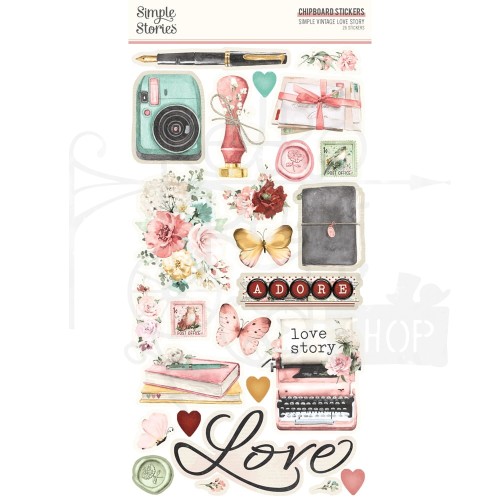 Naklejki do scrapbookingu i art journalingu 15x30 Love Story Chipboard Stickers 26szt VLO21421 Simple Stories