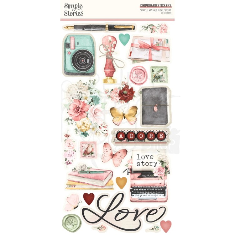 Naklejki do scrapbookingu i art journalingu 15x30 Love Story Chipboard Stickers 26szt VLO21421 Simple Stories