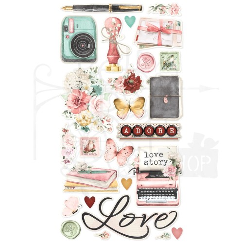 Naklejki do scrapbookingu i art journalingu 15x30 Love Story Chipboard Stickers 26szt VLO21421 Simple Stories