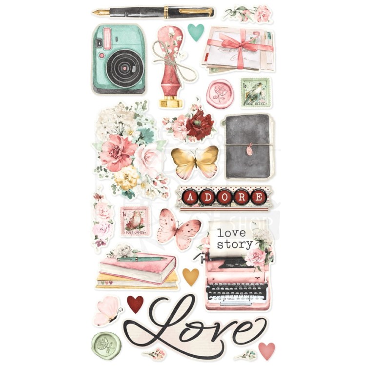 Naklejki do scrapbookingu i art journalingu 15x30 Love Story Chipboard Stickers 26szt VLO21421 Simple Stories