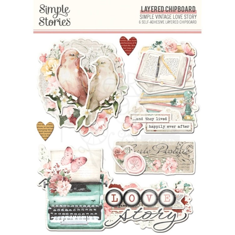 Ozdoby tekturowe warstwowe samoprzylepne Love Story Layered Chipboard Die-Cuts 6szt VLO21430 Simple Stories