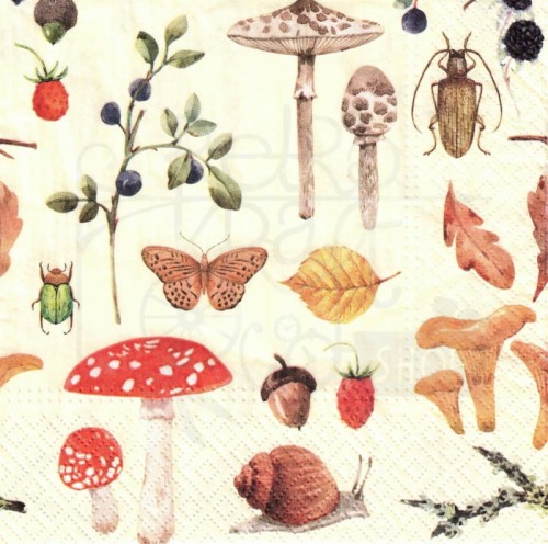 Serwetka 33x33 - Grzyby listki żuki i owoce leśne