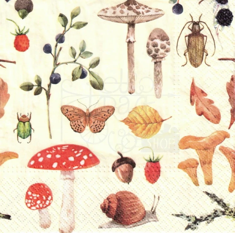 Serwetka 33x33 - Grzyby listki żuki i owoce leśne