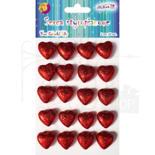 Serca styropianowe brokatowe czerwone 2cm 20 sztuk