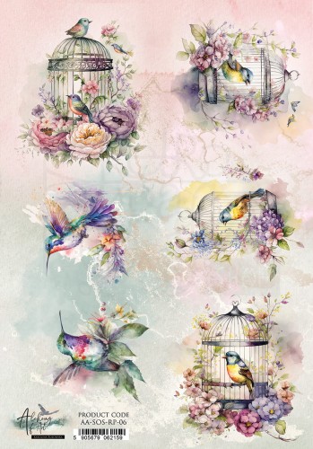 Papier ryżowy A4 Soul of Spring kolorowe ptaki i klatka AA-SOS-RP-06 Alchemy of Art