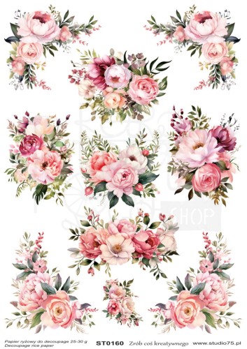 Papier ryżowy A4 Różowe Kwiaty Peonie ST0160 Studio75
