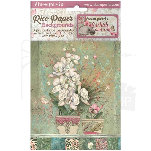 Papier ryżowy A6 Orchids &amp; Cats Background tła 8szt DFSAK6017 Stamperia
