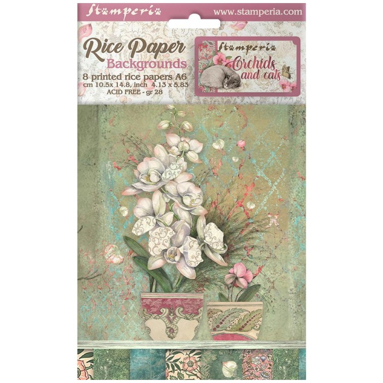 Papier ryżowy A6 Orchids &amp; Cats Background tła 8szt DFSAK6017 Stamperia