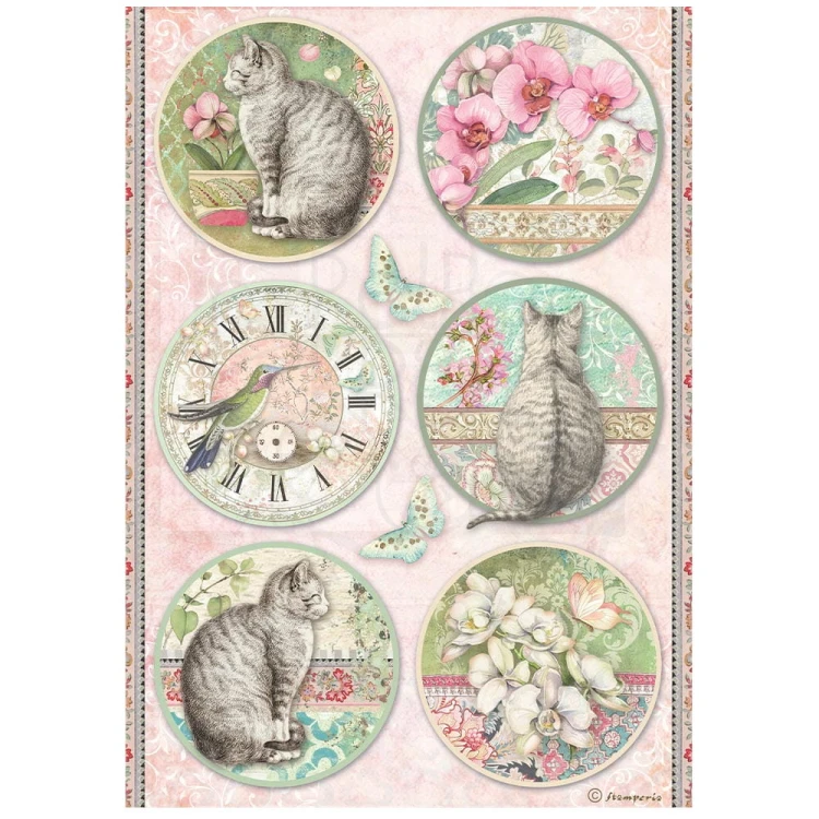 Papier ryżowy A4 Orchids &amp; Cats Okrągłe dekory DFSA4849 Stamperia