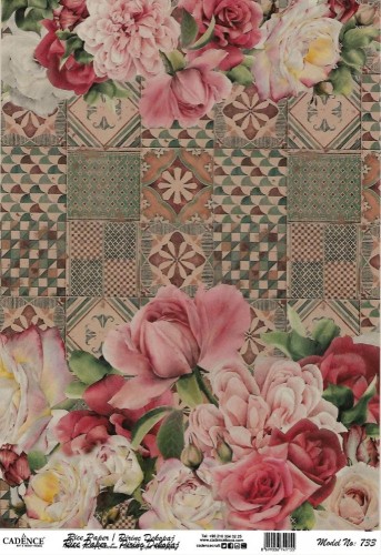 Papier ryżowy A4 róże peonie i pastelowe kafelki PR0733 Cadence