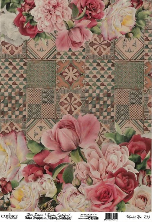 Papier ryżowy A4 róże peonie i pastelowe kafelki PR0733 Cadence