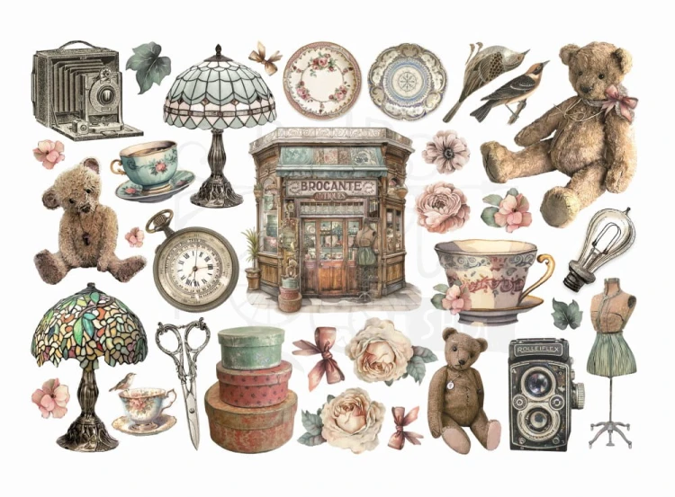 Ozdoby papierowe samoprzylepne Ephemera Brocante Antiques 33szt DFLCT42 Stamperia