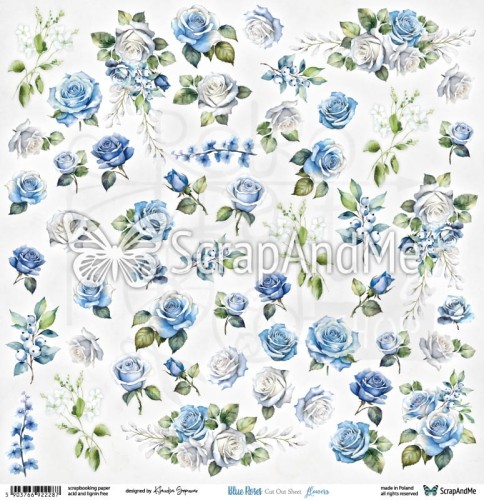 Papier do scrapbookingu 30x30 elementy do wycięcia Blue Roses - Flowers ScrapAndMe