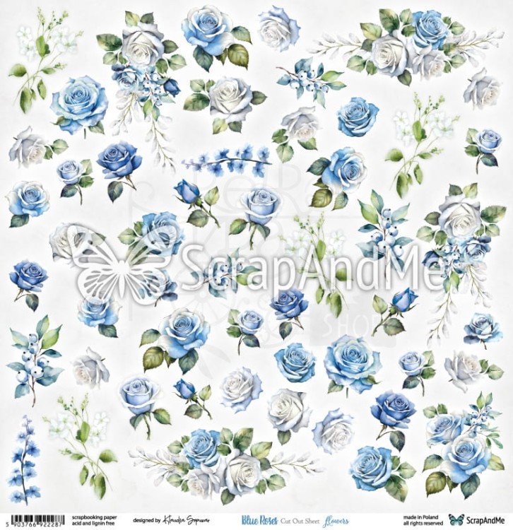 Papier do scrapbookingu 30x30 elementy do wycięcia Blue Roses - Flowers ScrapAndMe