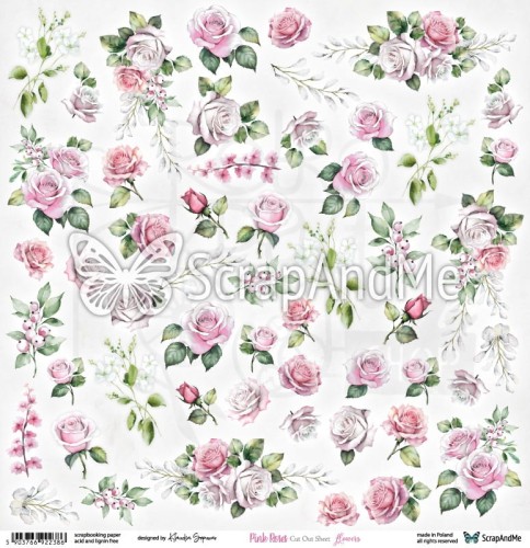 Papier do scrapbookingu 30x30 elementy do wycięcia Pink Roses - Flowers ScrapAndMe