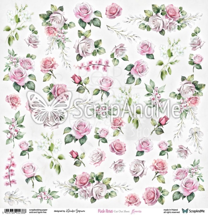 Papier do scrapbookingu 30x30 elementy do wycięcia Pink Roses - Flowers ScrapAndMe