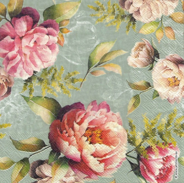 Serwetka 33x33 - Peonie tło zielone
