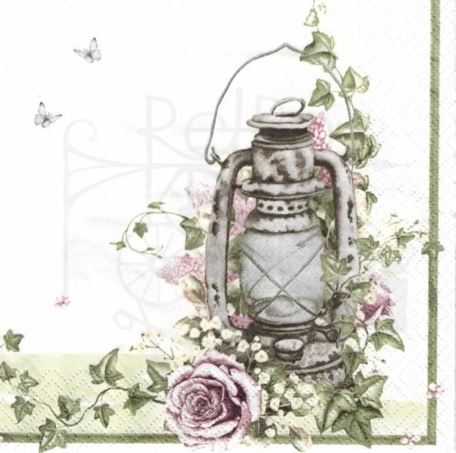 Serwetka 33x33 - Shaby róże i lampa naftowa